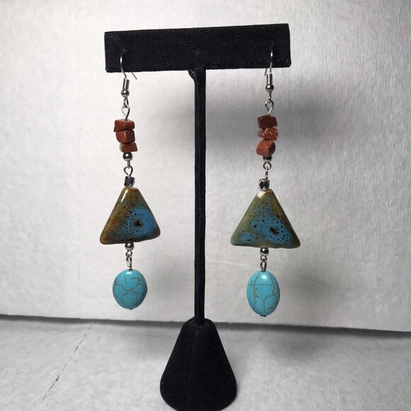 Handmade Triangle Earrings with Faux Turquoise Fall Colors Boho Dangle Jewelry - Picture 1 of 4